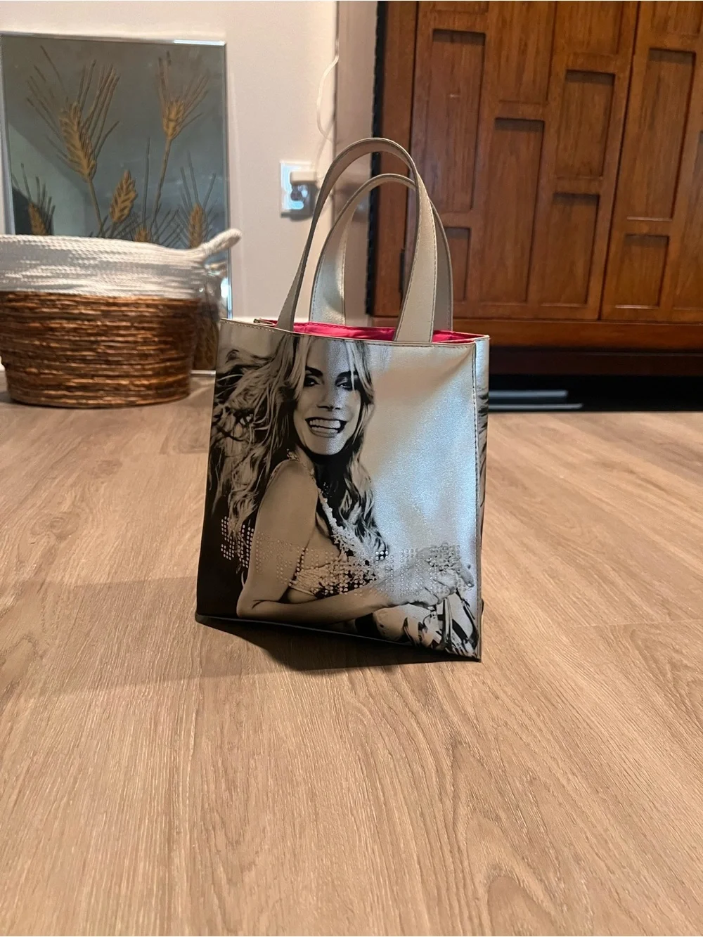 Victoria's Secret Silver Tote with Pink Interior and Photo Print